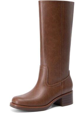 Women's Brown Faux Leather Mid Calf Square Toe Chunky Heel Pull On Riding Boots